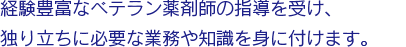 経験豊富なベテラン薬剤師の指導を受け、独り立ちに必要な業務や知識を身に付けます。OJTチェックシートに基づき、理解度や到達度を確認します。